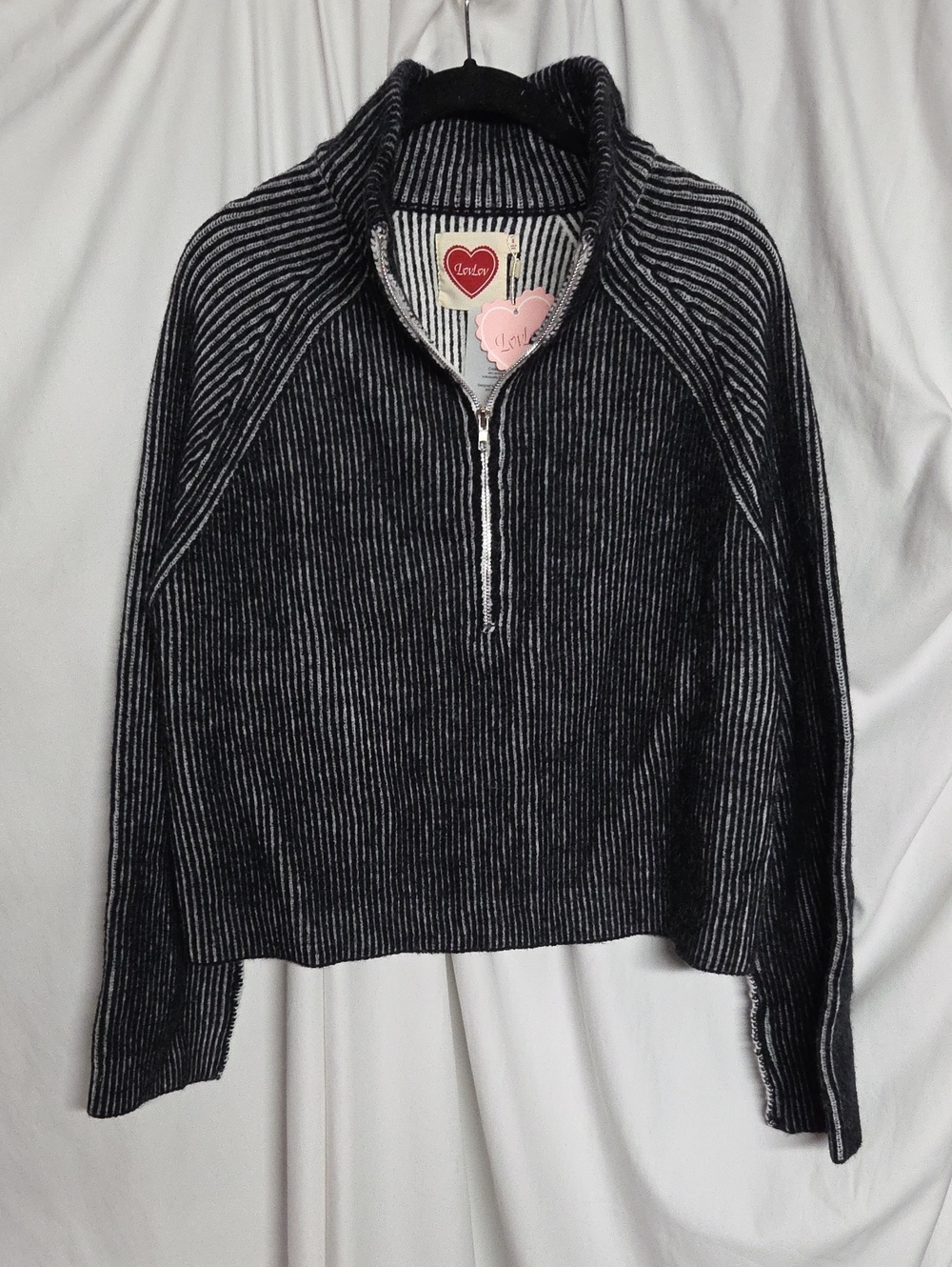 LovLov S Black & White Striped Ribbed Half-Zip Turtleneck Sweater NWT